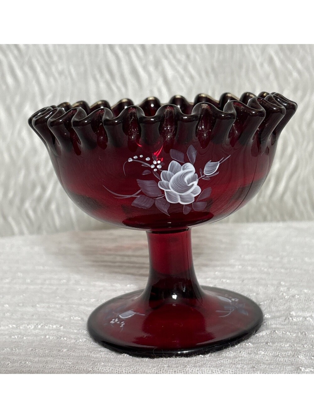 Fenton Ruby Red Ruffled Glass Pedestal Compote/Candy Dish Hand Painted Kim L